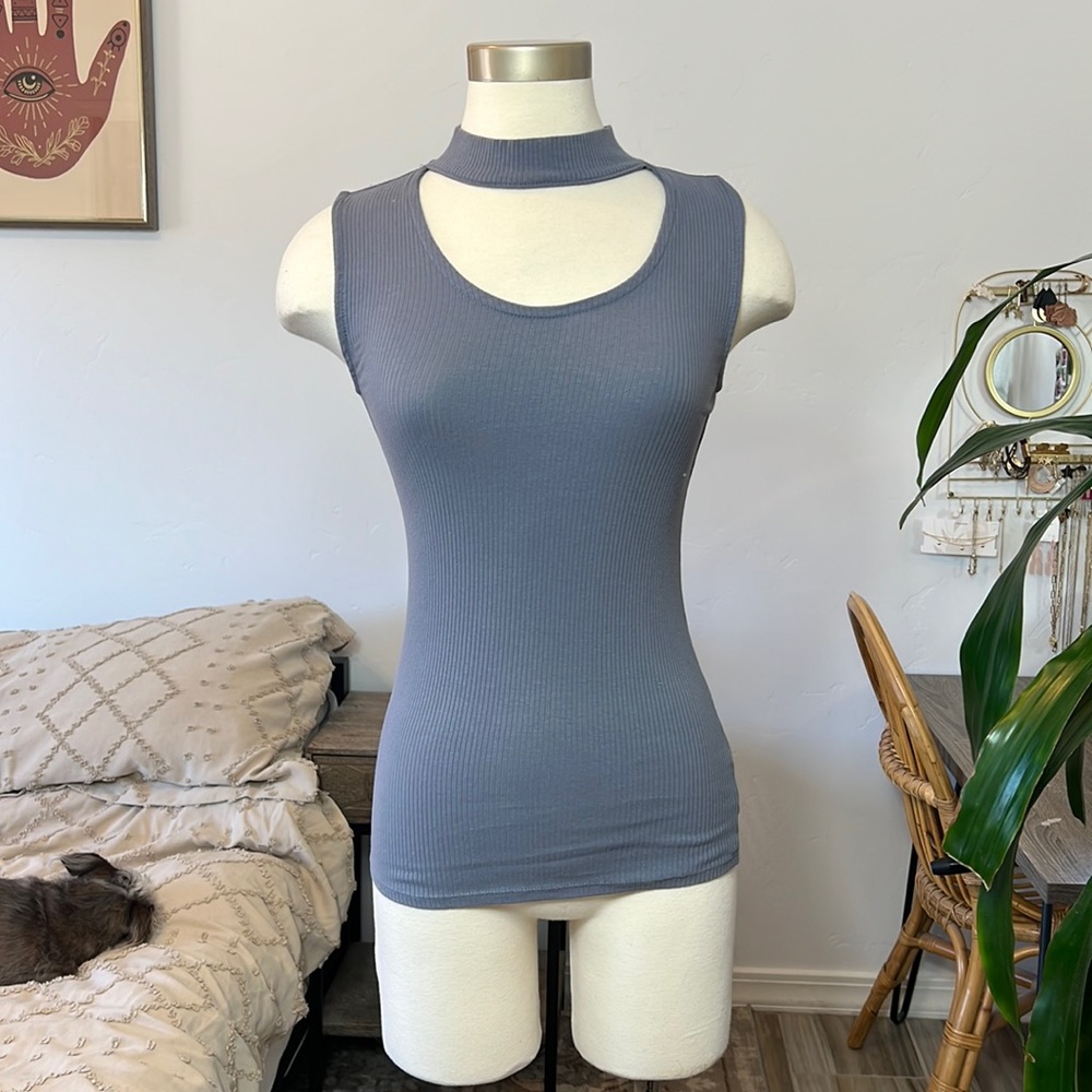 Slate, blue tank top, cute neckline front cut out, ribbed full length Maurices